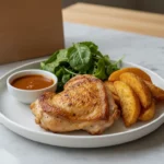 Knuspriges Hähnchen mit Kartoffelwedges und Salat.