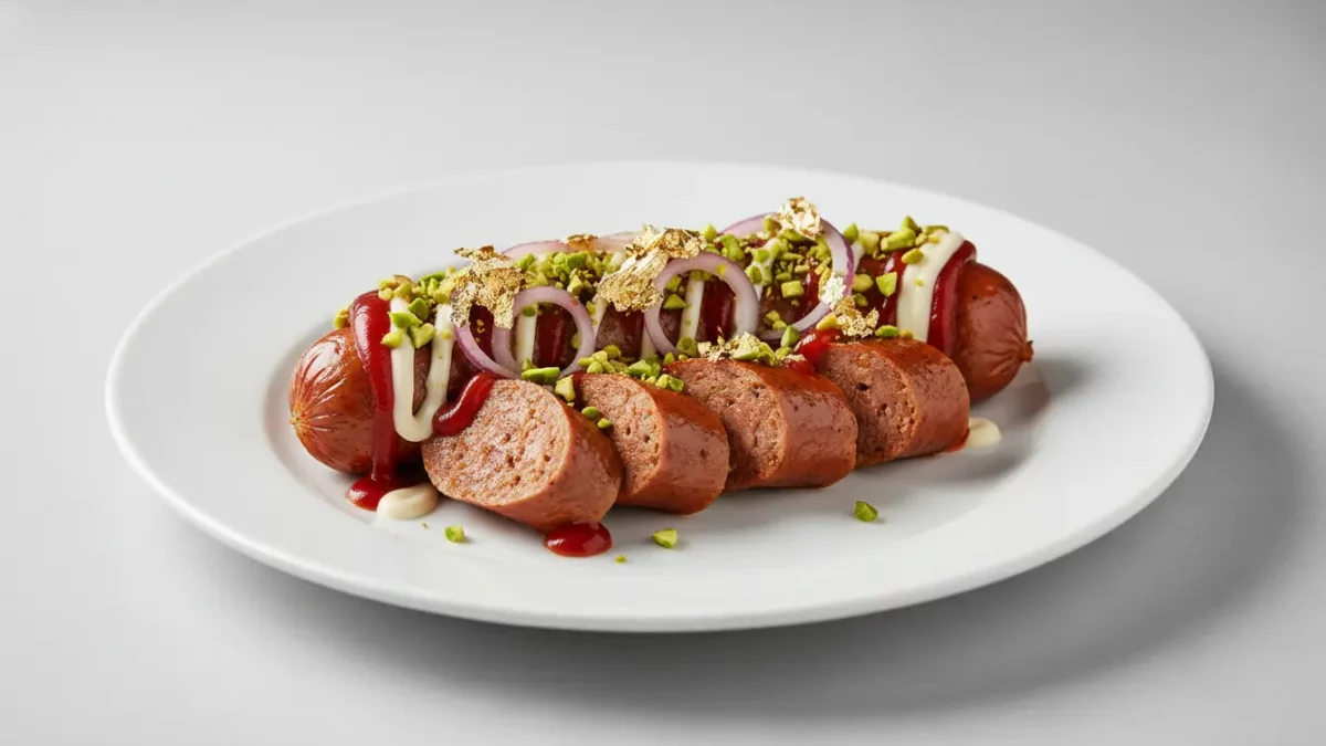 Wurstscheiben mit Zwiebeln, Pistazien und Saucen.
