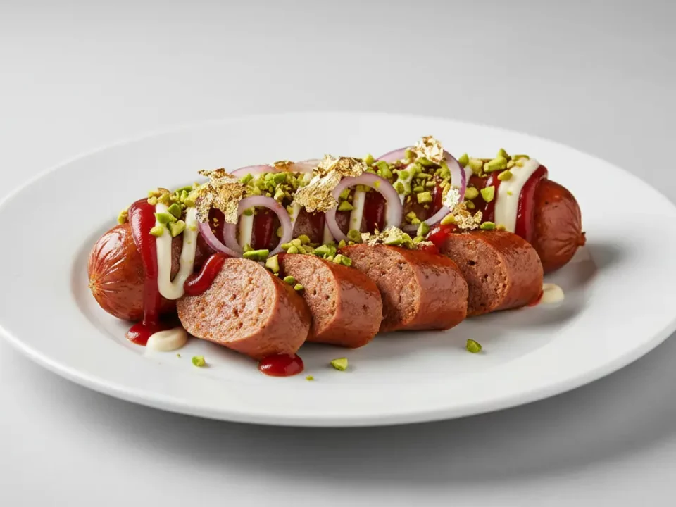 Wurstscheiben mit Zwiebeln, Pistazien und Saucen.