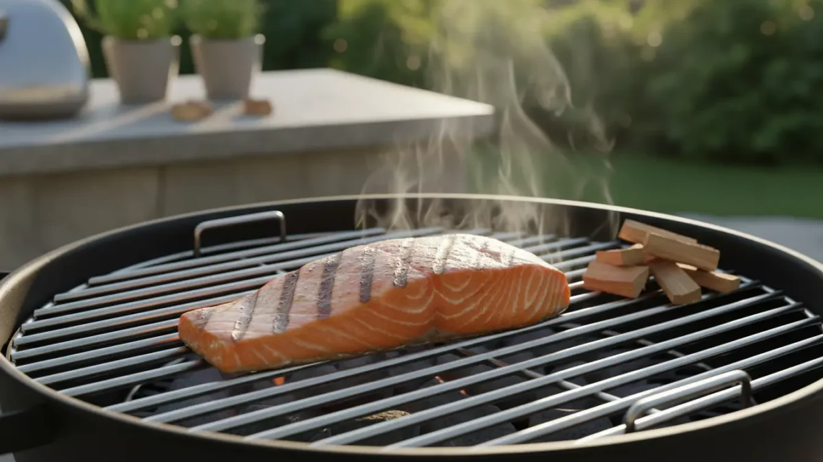 Lachssteak brutzelt auf Grillrost im Garten, Rauch steigt.