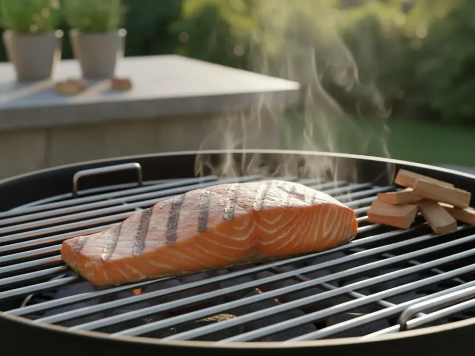 Lachssteak brutzelt auf Grillrost im Garten, Rauch steigt.