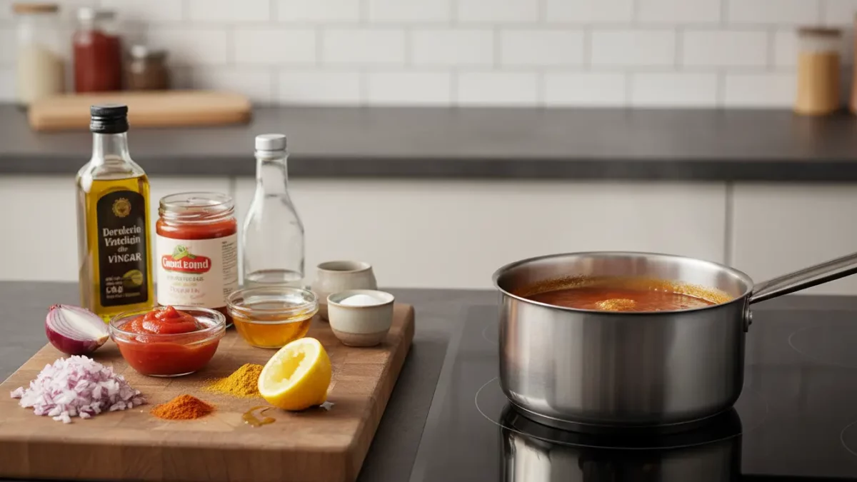 Küchenarbeitsplatte mit Topf Tomatensauce und Gewürzen
