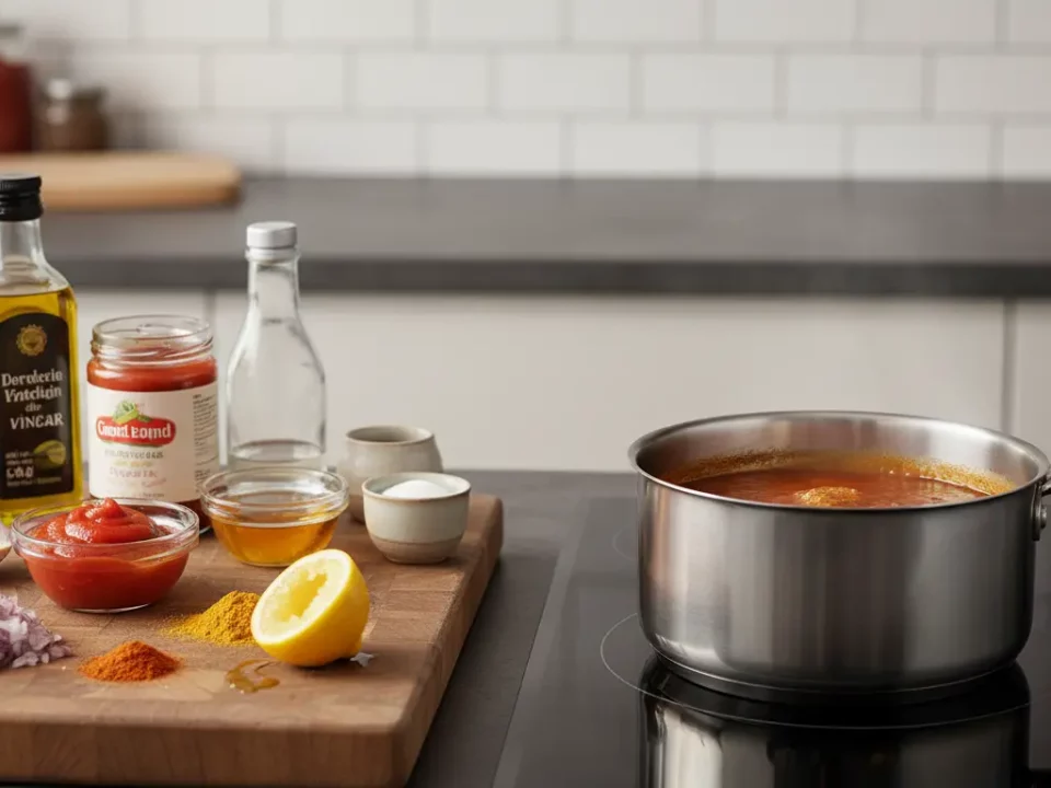 Küchenarbeitsplatte mit Topf Tomatensauce und Gewürzen