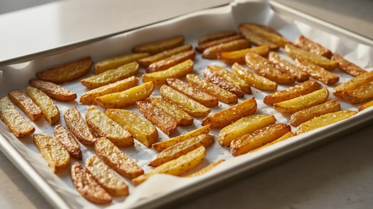 Gebackene Kartoffelwedges auf einem Backblech.