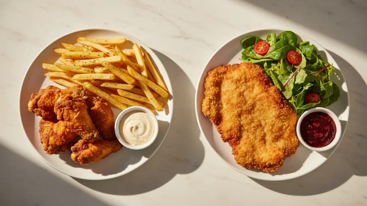 Zwei Teller Speisen: Pommes mit Hähnchen, Schnitzel mit Salat.