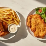 Zwei Teller Speisen: Pommes mit Hähnchen, Schnitzel mit Salat.