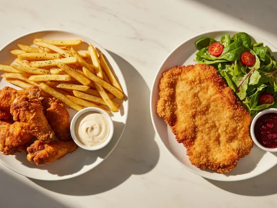 Zwei Teller Speisen: Pommes mit Hähnchen, Schnitzel mit Salat.