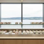 Bäckereivitrine mit belegten Sandwiches vor Fenster mit Seeblick.
