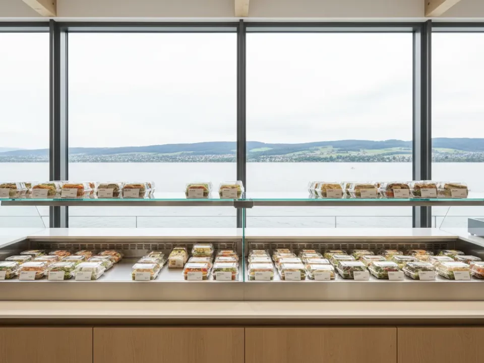 Bäckereivitrine mit belegten Sandwiches vor Fenster mit Seeblick.