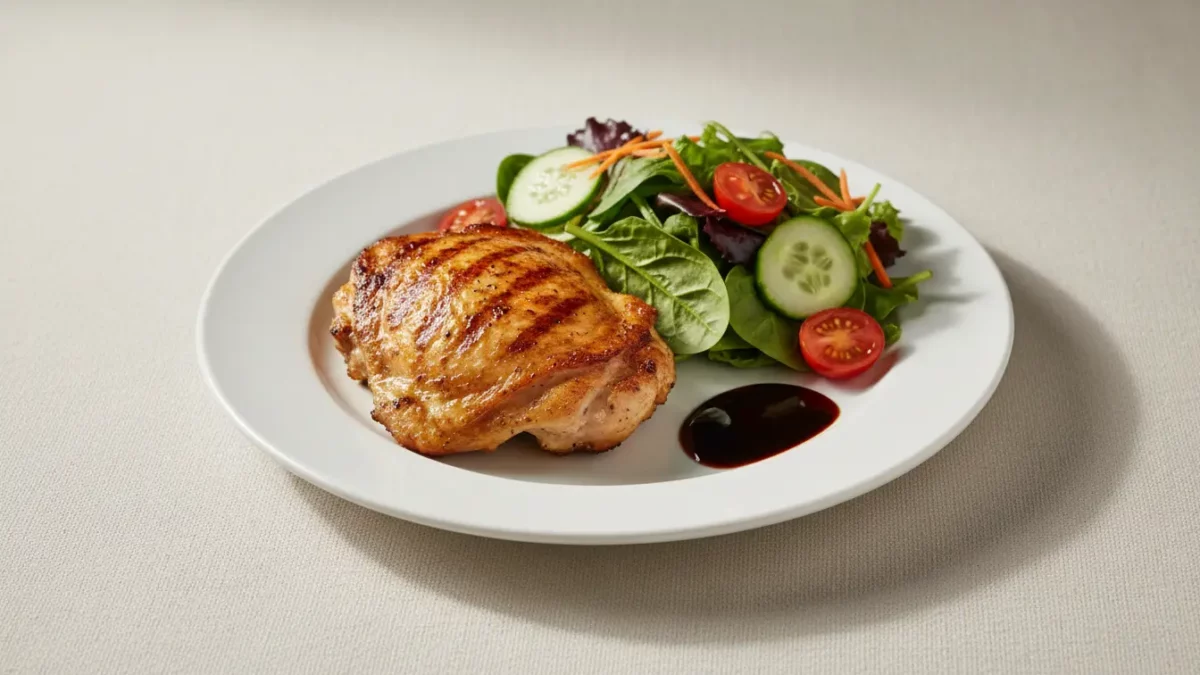 Gegrilltes Hähnchenbrustfilet mit Salat und dunkler Sauce.