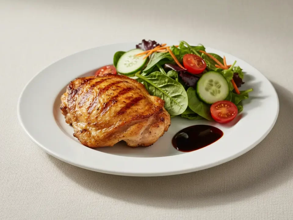 Gegrilltes Hähnchenbrustfilet mit Salat und dunkler Sauce.