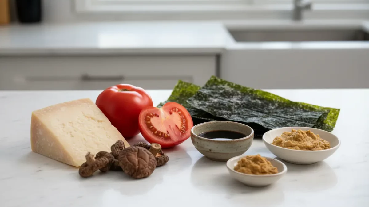 Käse, Tomaten, Nori-Blätter und Miso-Paste auf Küchenplatte.