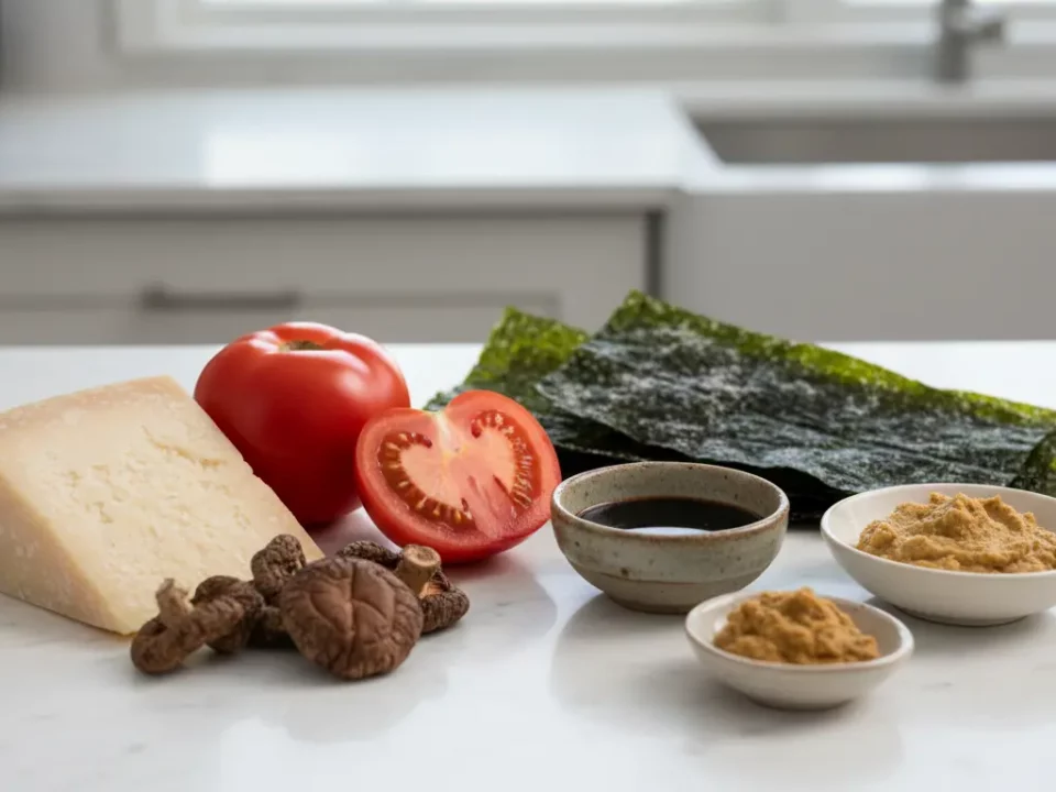 Käse, Tomaten, Nori-Blätter und Miso-Paste auf Küchenplatte.