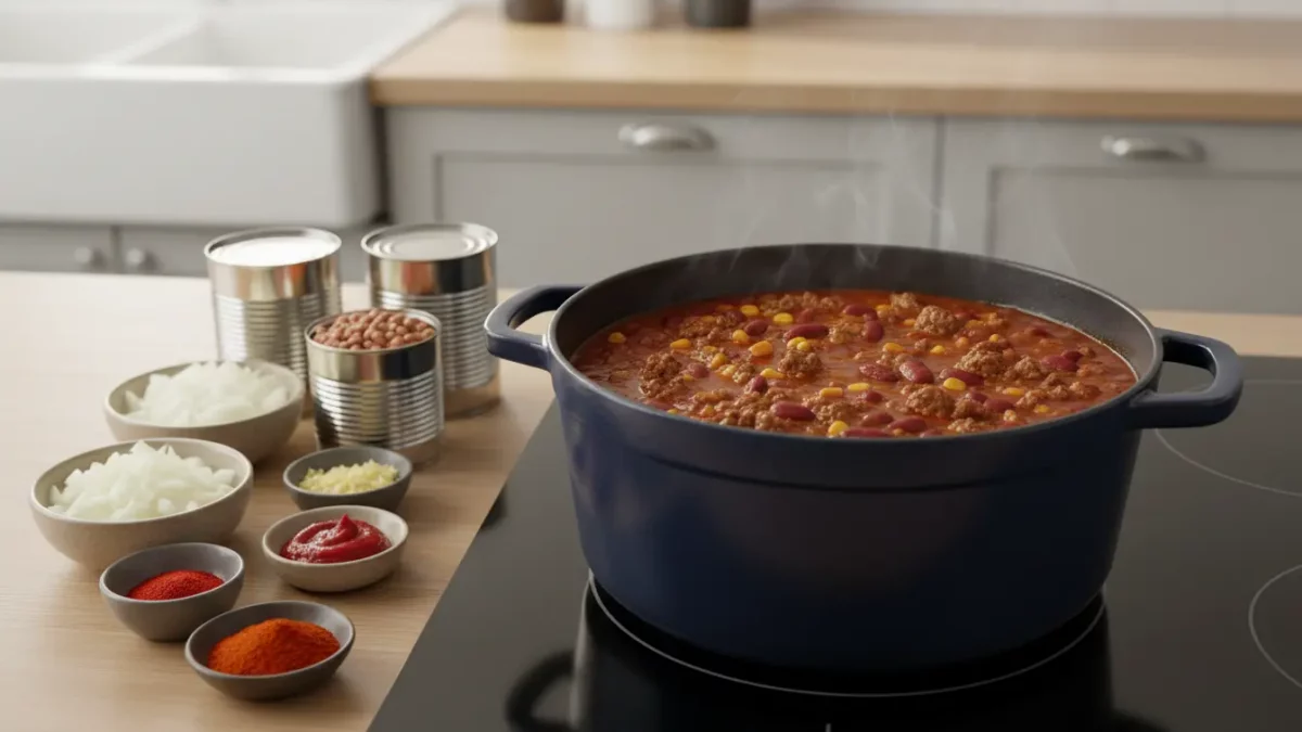 Großer Topf Chili-Eintopf kocht auf Induktionsherd; daneben Gewürze.