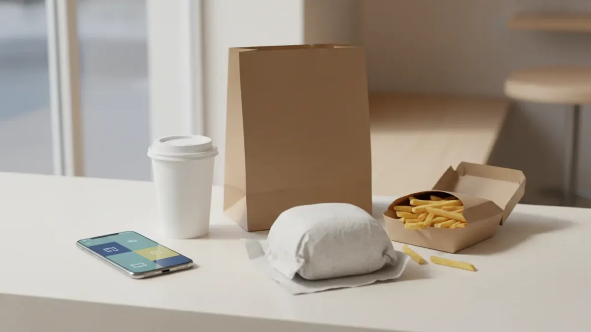 Tisch mit Burger, Pommes, Kaffee und Smartphone.