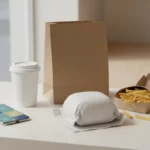 Tisch mit Burger, Pommes, Kaffee und Smartphone.