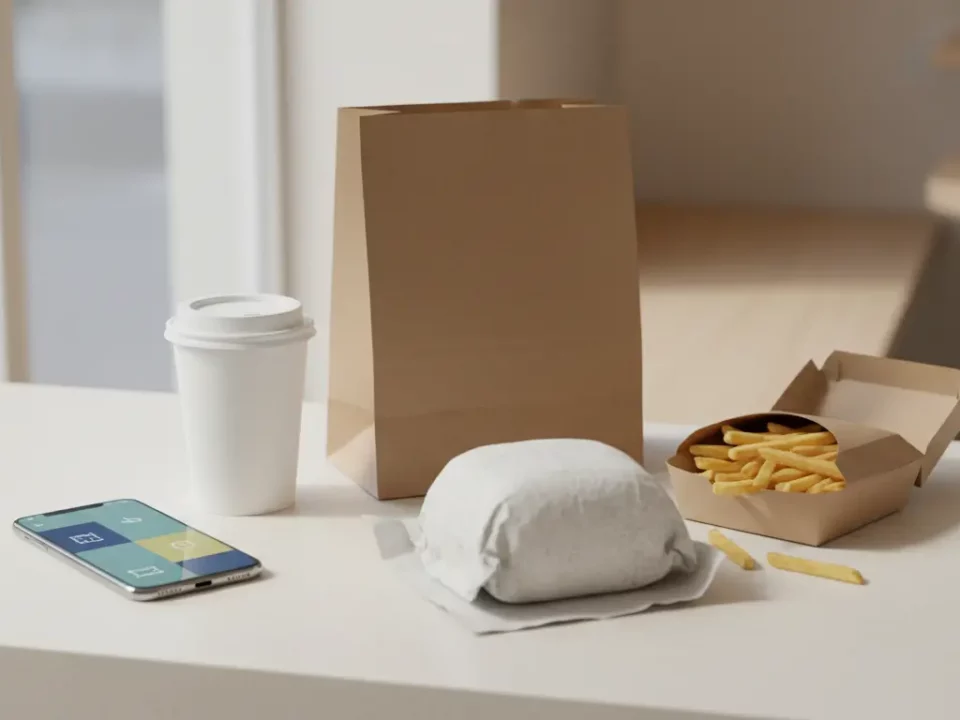 Tisch mit Burger, Pommes, Kaffee und Smartphone.