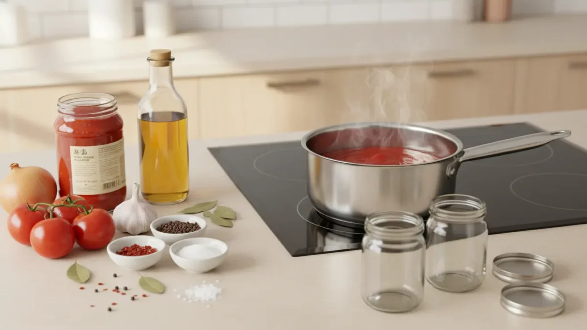 Küche mit Kochtopf auf Herd, Tomatensauce und Gewürzen