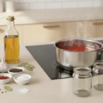 Küche mit Kochtopf auf Herd, Tomatensauce und Gewürzen