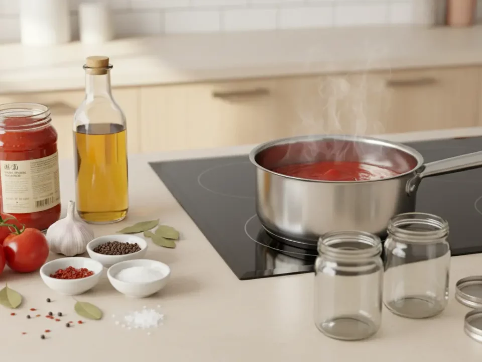 Küche mit Kochtopf auf Herd, Tomatensauce und Gewürzen