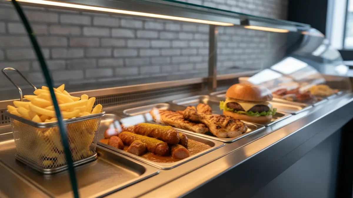 Frisch zubereitete Fast-Food-Auslage mit Pommes, Würstchen und Burger.