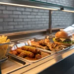 Frisch zubereitete Fast-Food-Auslage mit Pommes, Würstchen und Burger.