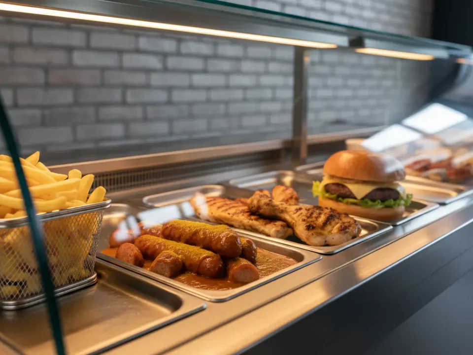 Frisch zubereitete Fast-Food-Auslage mit Pommes, Würstchen und Burger.