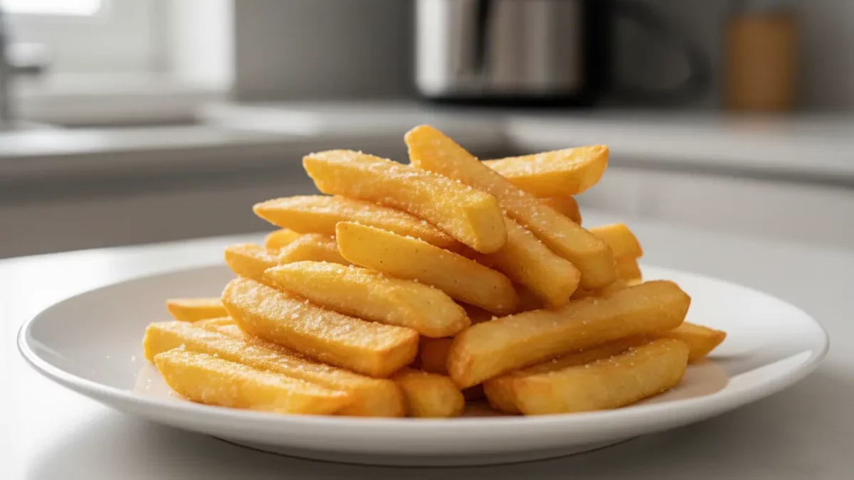 Knusprige Pommes Frites stapeln sich auf einem Teller.