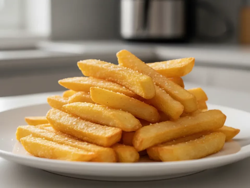 Knusprige Pommes Frites stapeln sich auf einem Teller.