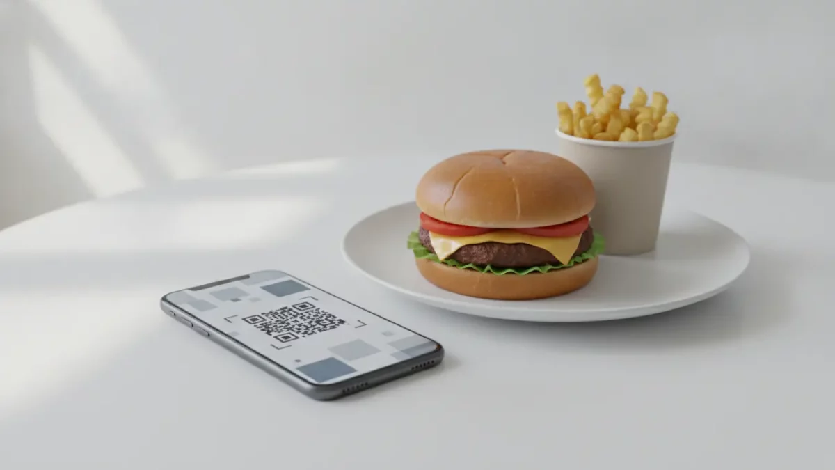 Burger, Pommes und QR-Code auf Smartphone am Tisch
