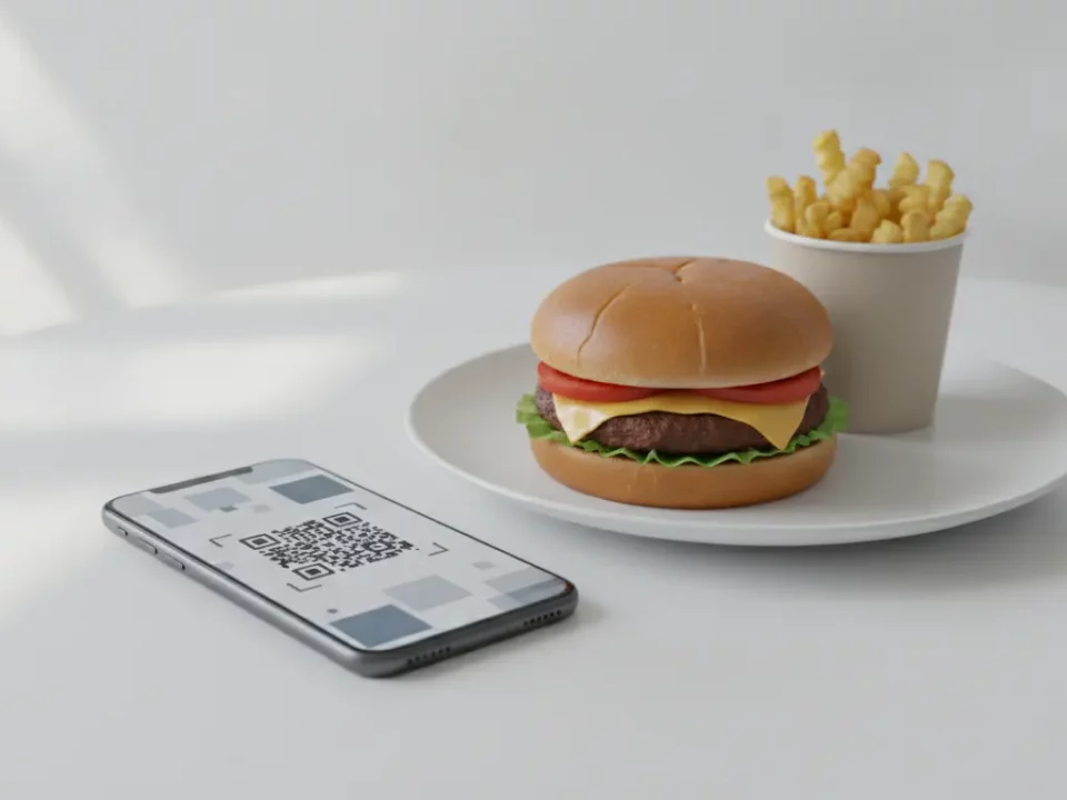 Burger, Pommes und QR-Code auf Smartphone am Tisch