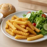 finke-blog177150: Pommes mit Salat im Restaurant.