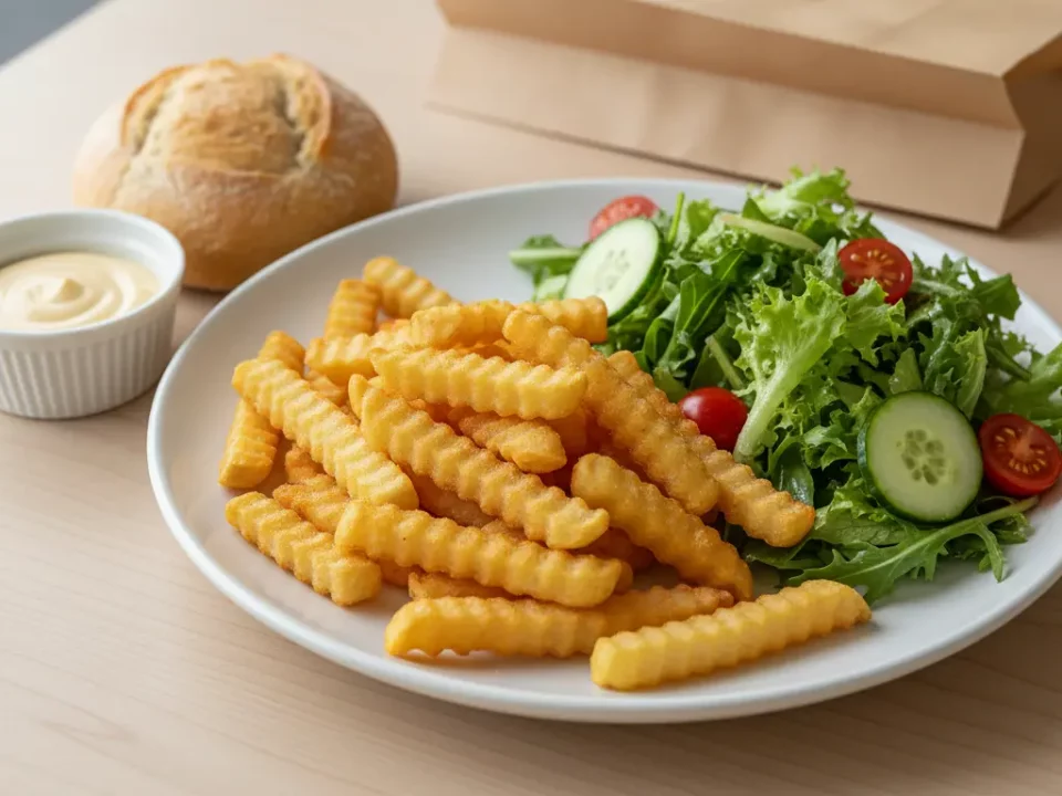 finke-blog177150: Pommes mit Salat im Restaurant.