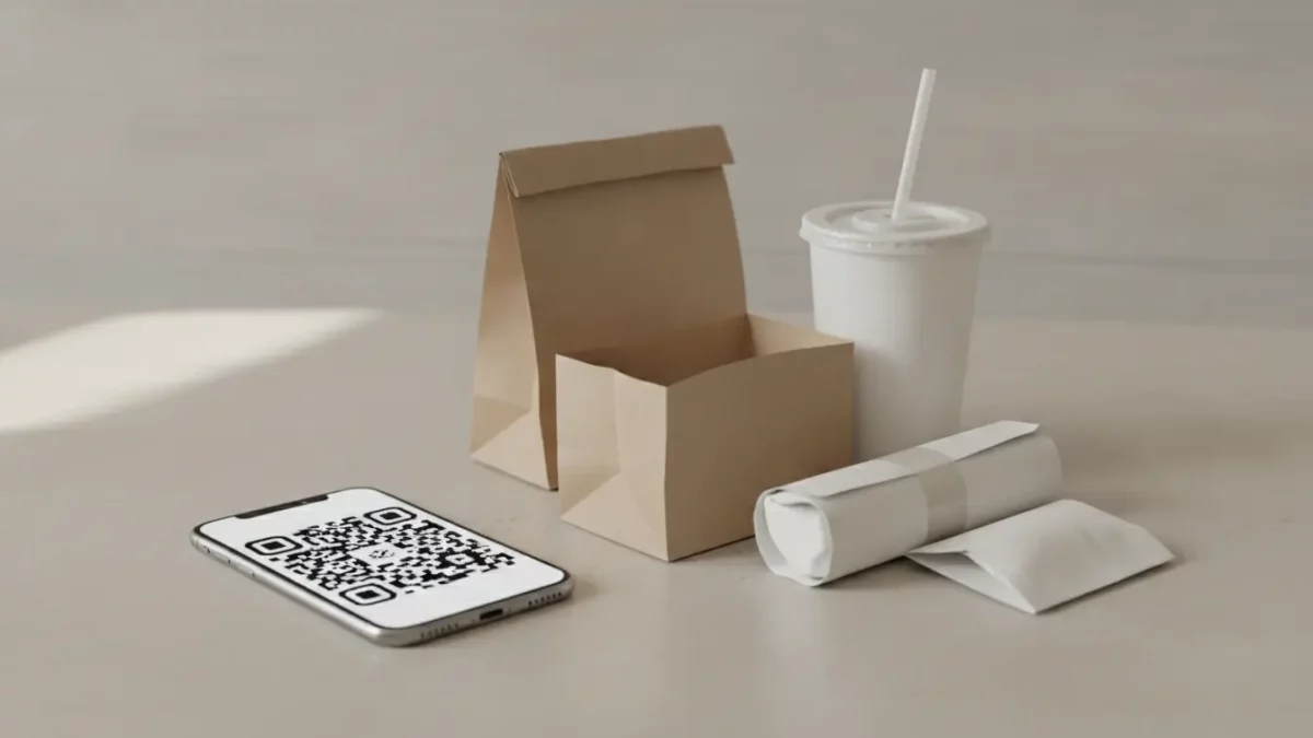 finke-blog275051: Takeaway-Verpackungen neben Smartphone mit QR-Code