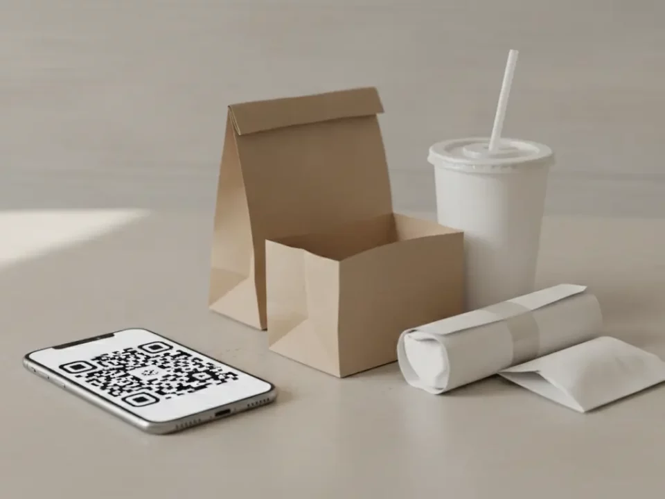 finke-blog275051: Takeaway-Verpackungen neben Smartphone mit QR-Code