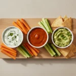Bunte Gemüse-Dipplatte mit Karotten, Gurken und Tortilla-Chips.