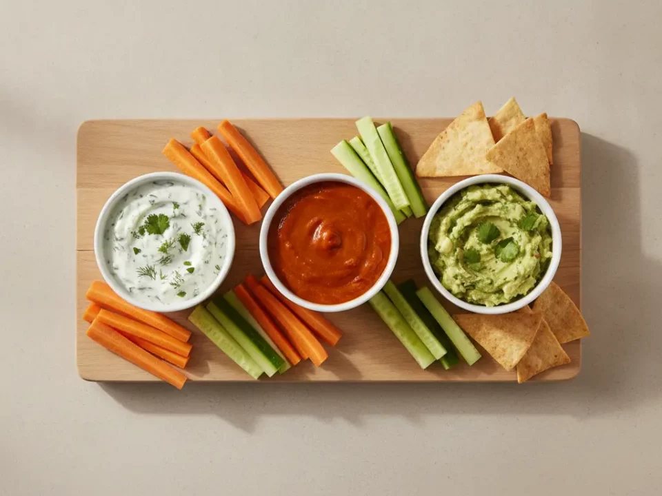 Bunte Gemüse-Dipplatte mit Karotten, Gurken und Tortilla-Chips.
