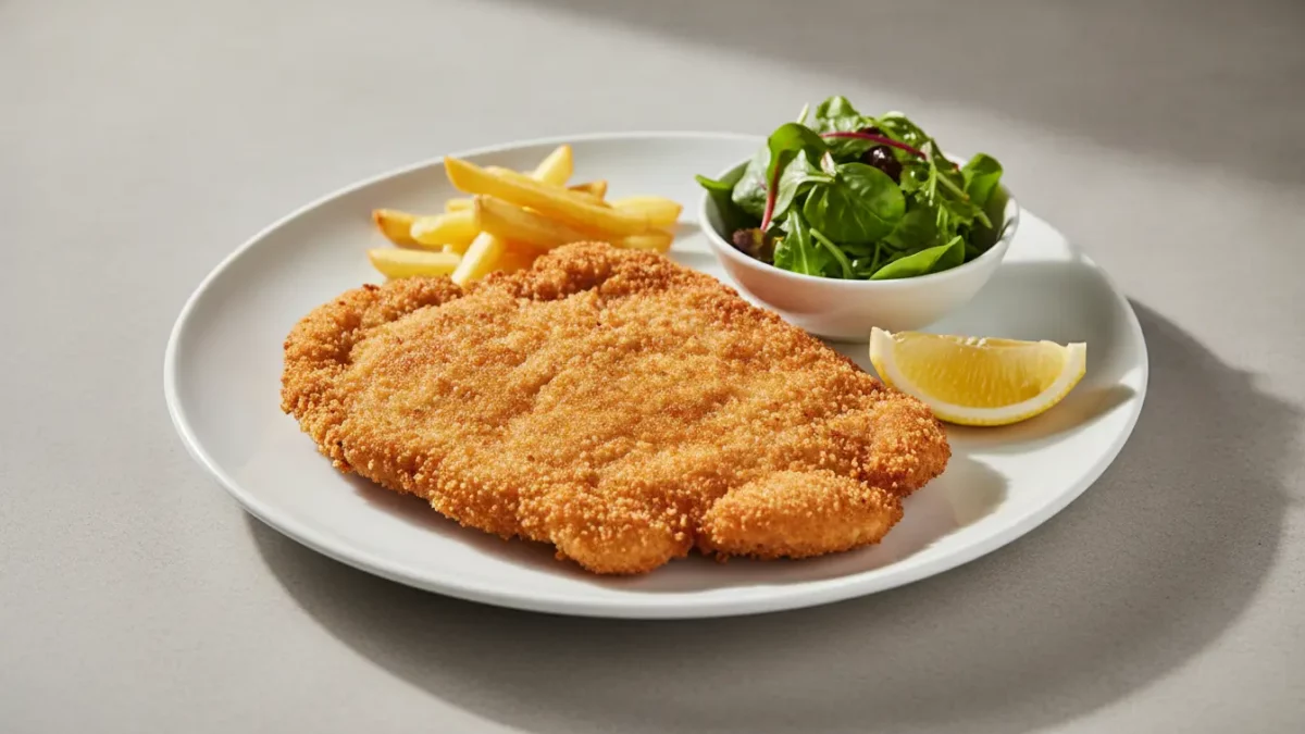Knuspriges Schnitzel mit Pommes, Salat und Zitrone.