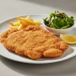 Knuspriges Schnitzel mit Pommes, Salat und Zitrone.