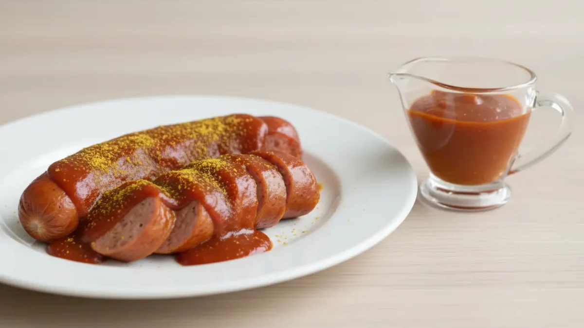 Würstchen in Tomatensauce mit Currypulver auf Teller.
