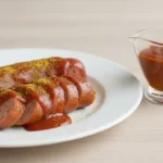 Würstchen in Tomatensauce mit Currypulver auf Teller.