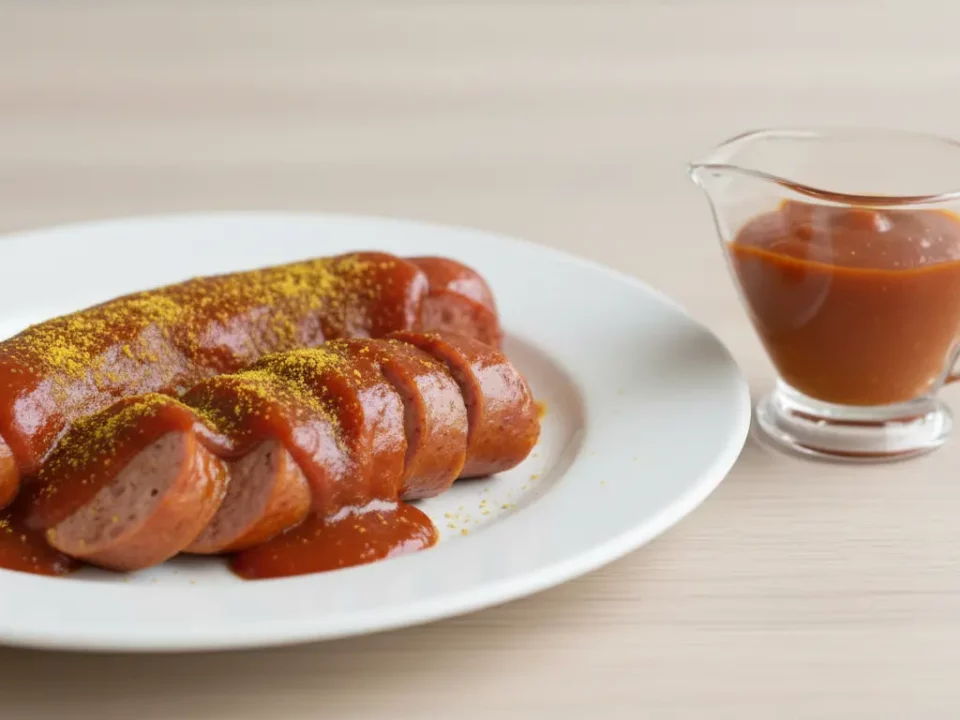 Würstchen in Tomatensauce mit Currypulver auf Teller.