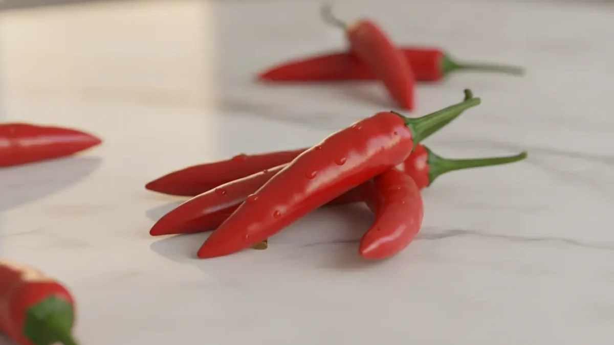 Rote Chilischoten liegen auf hellem Marmor.