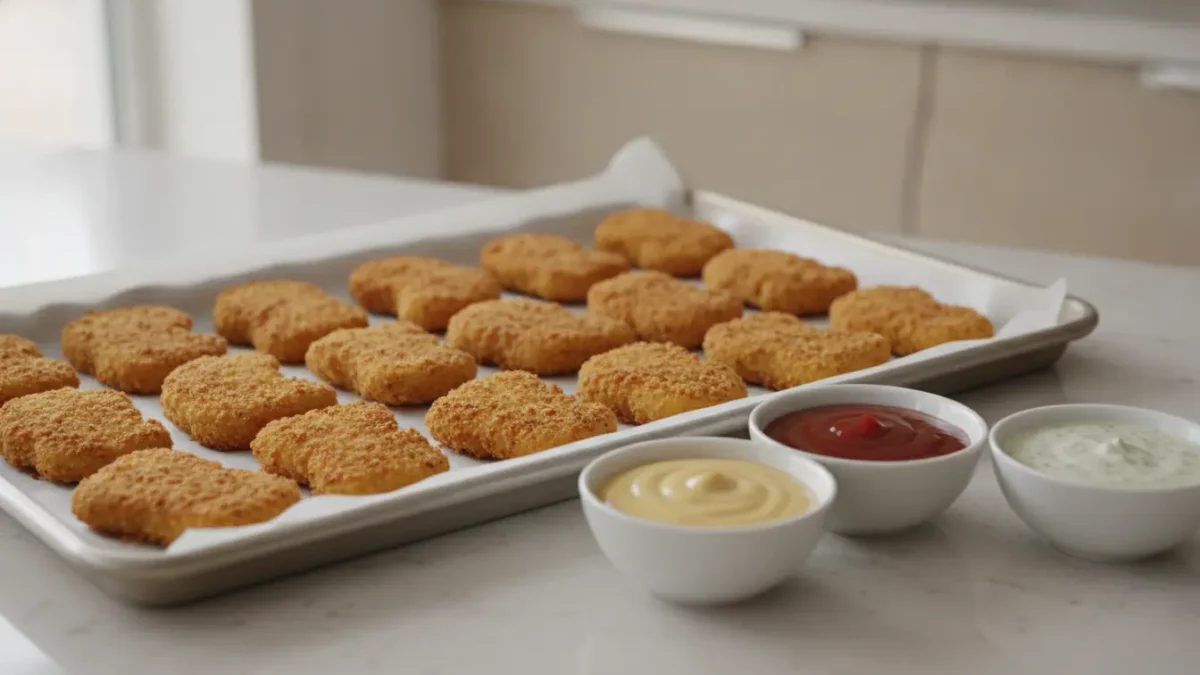 Auf einem Backblech liegen panierte Nuggets mit drei Dips.