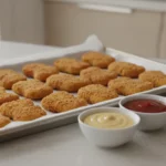 Auf einem Backblech liegen panierte Nuggets mit drei Dips.