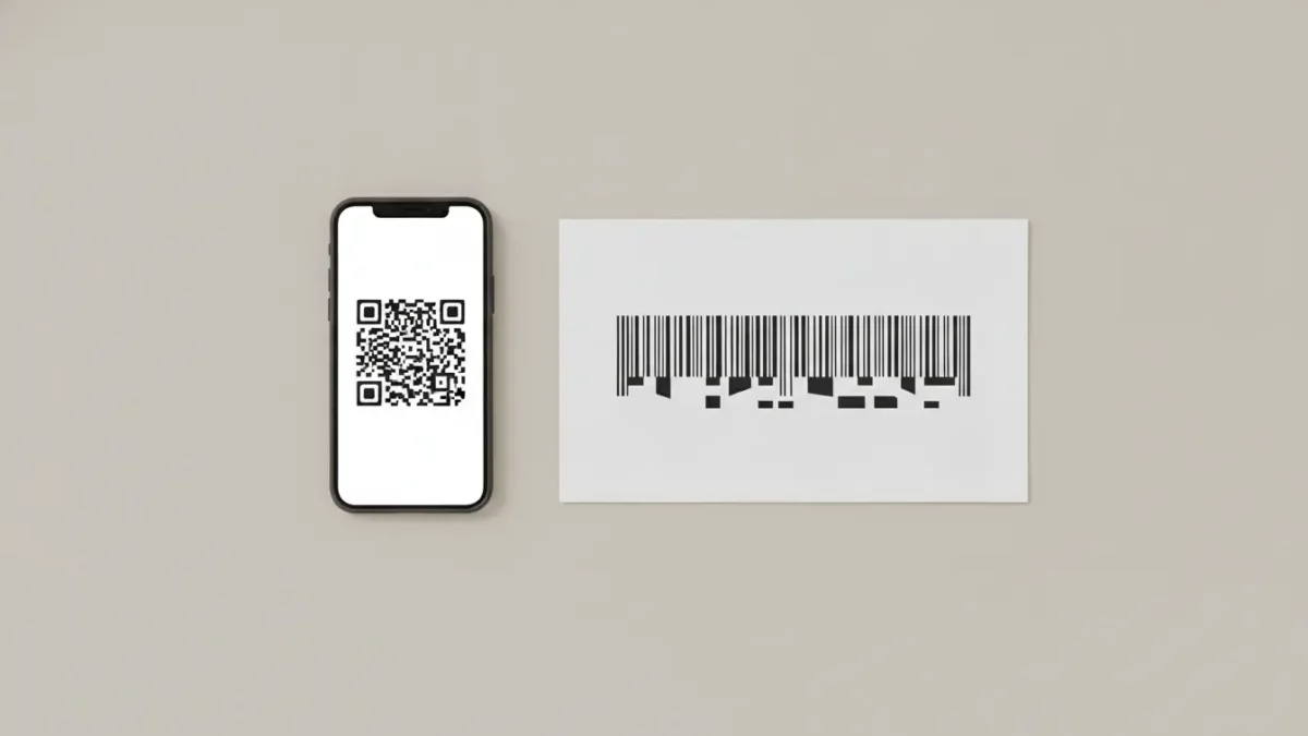 Smartphone zeigt QR-Code neben Barcode auf beigem Hintergrund.