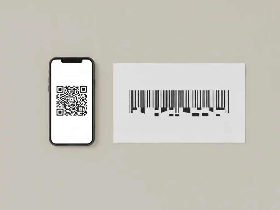 Smartphone zeigt QR-Code neben Barcode auf beigem Hintergrund.