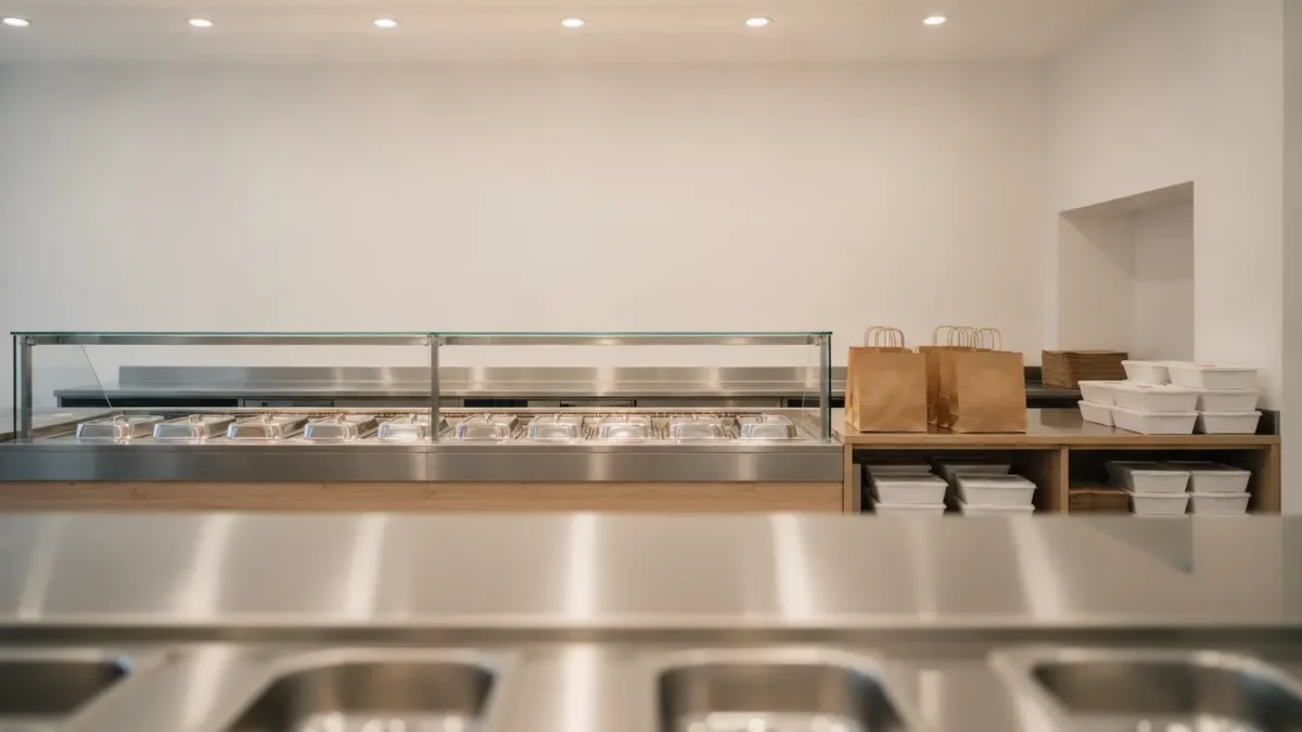 Moderne Edelstahl-Buffet-Theke in einer Restaurantküche.