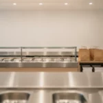 Moderne Edelstahl-Buffet-Theke in einer Restaurantküche.