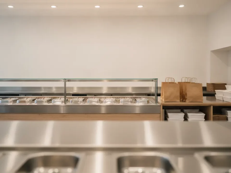 Moderne Edelstahl-Buffet-Theke in einer Restaurantküche.